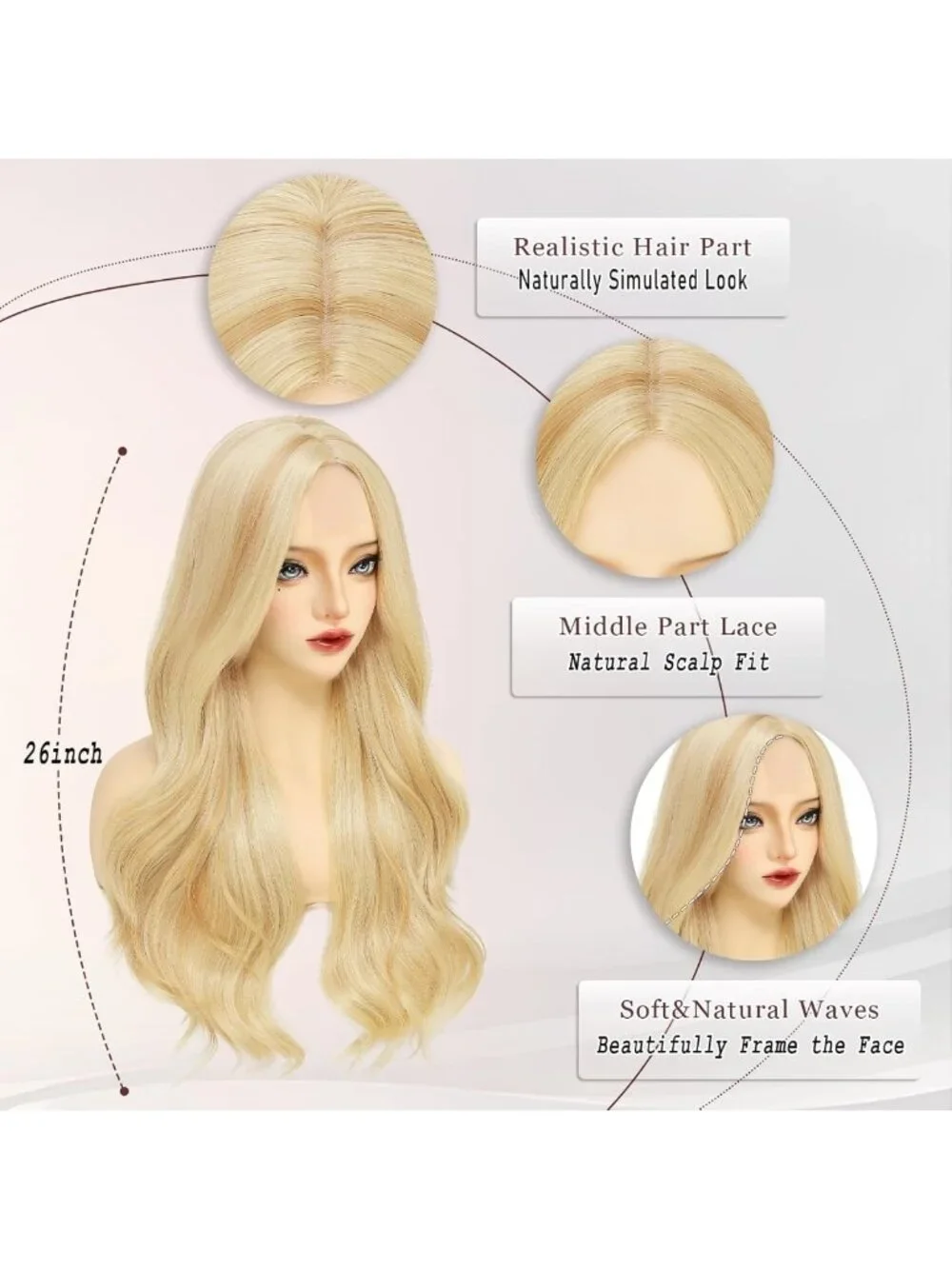 26-Inch Long Blonde Wavy Wig for Women - Middle Part Synthetic Hairpiece